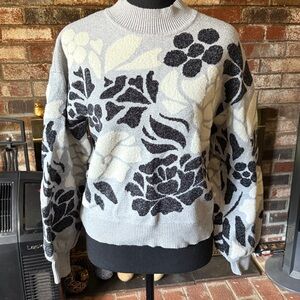 Floral Patterned Gray and Black Sweater